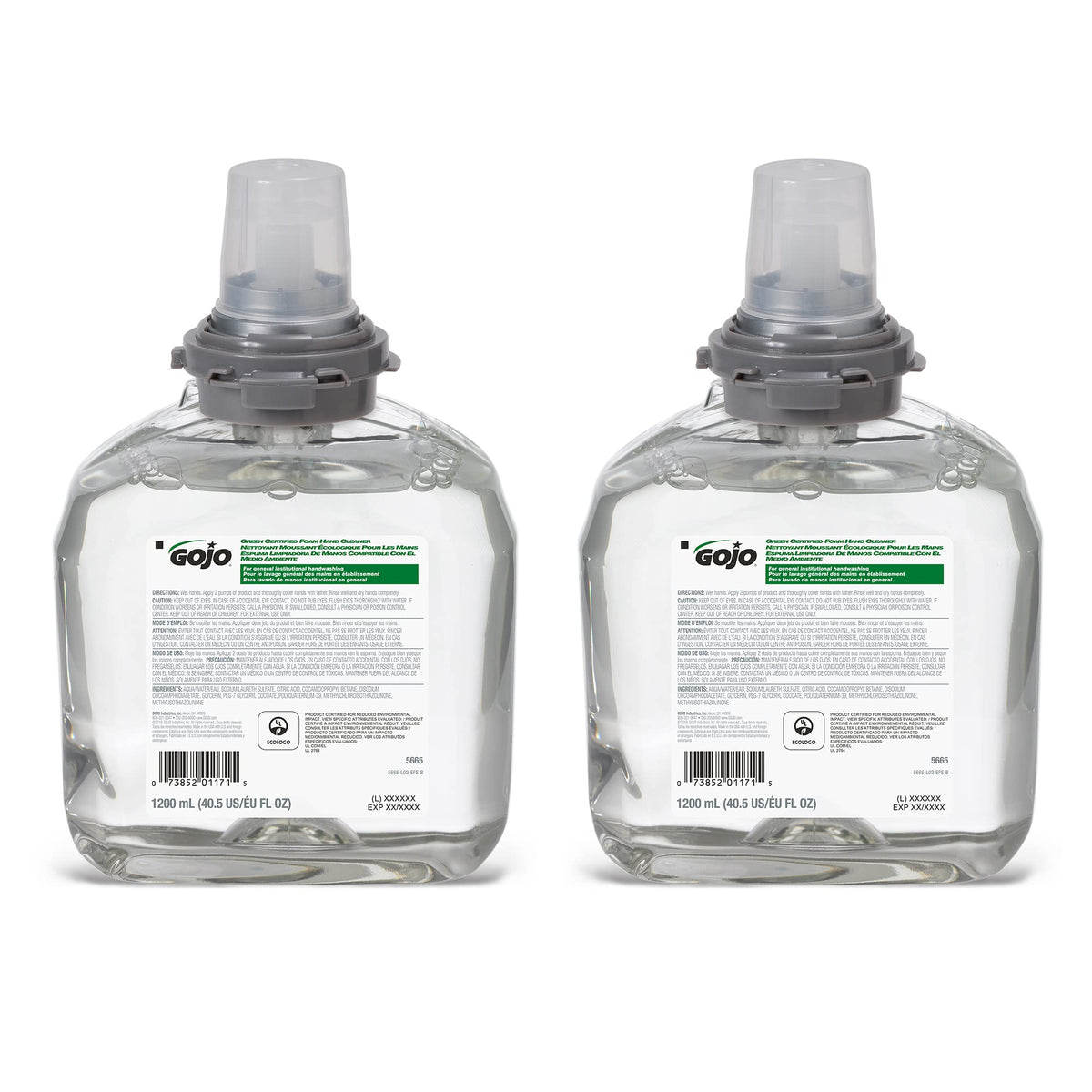 GOJO front packaging view of 1200 mL refill showing labels and certifications benefits