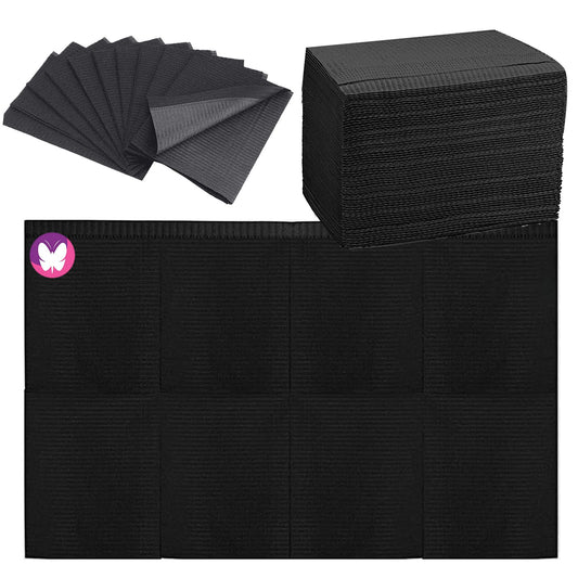 GoLashFun front view of 50-pack black disposable nail table mats protecting workstation