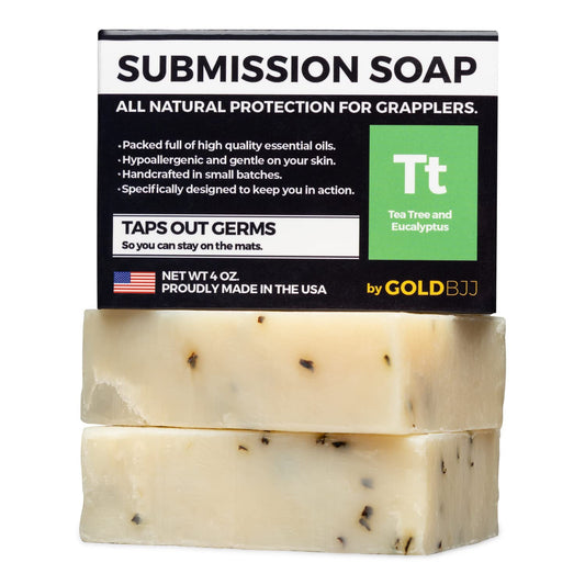 Gold BJJ front packaging showing two tea tree soap bars and benefits
