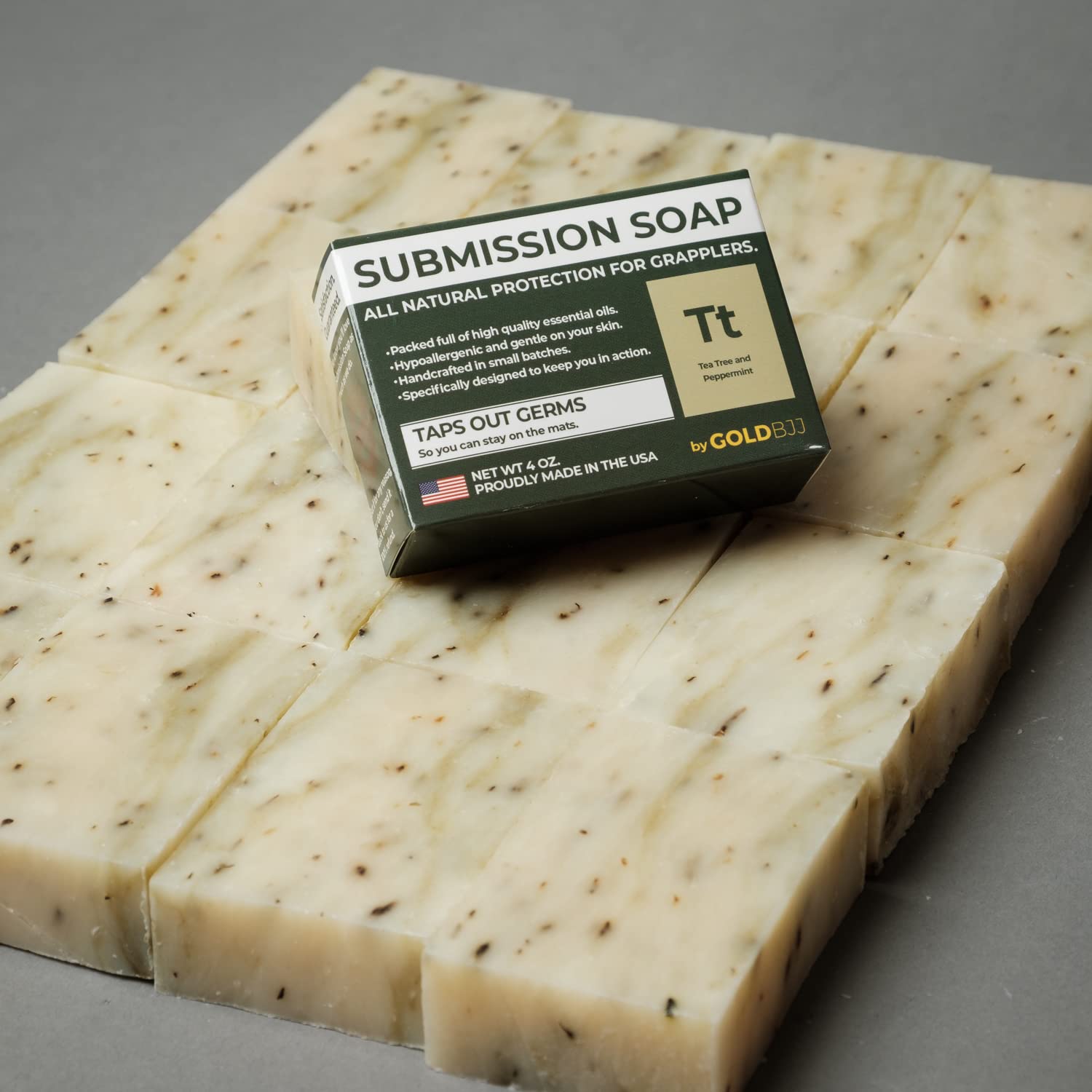 Gold BJJ soap inside a gym bag ready for post-training freshness