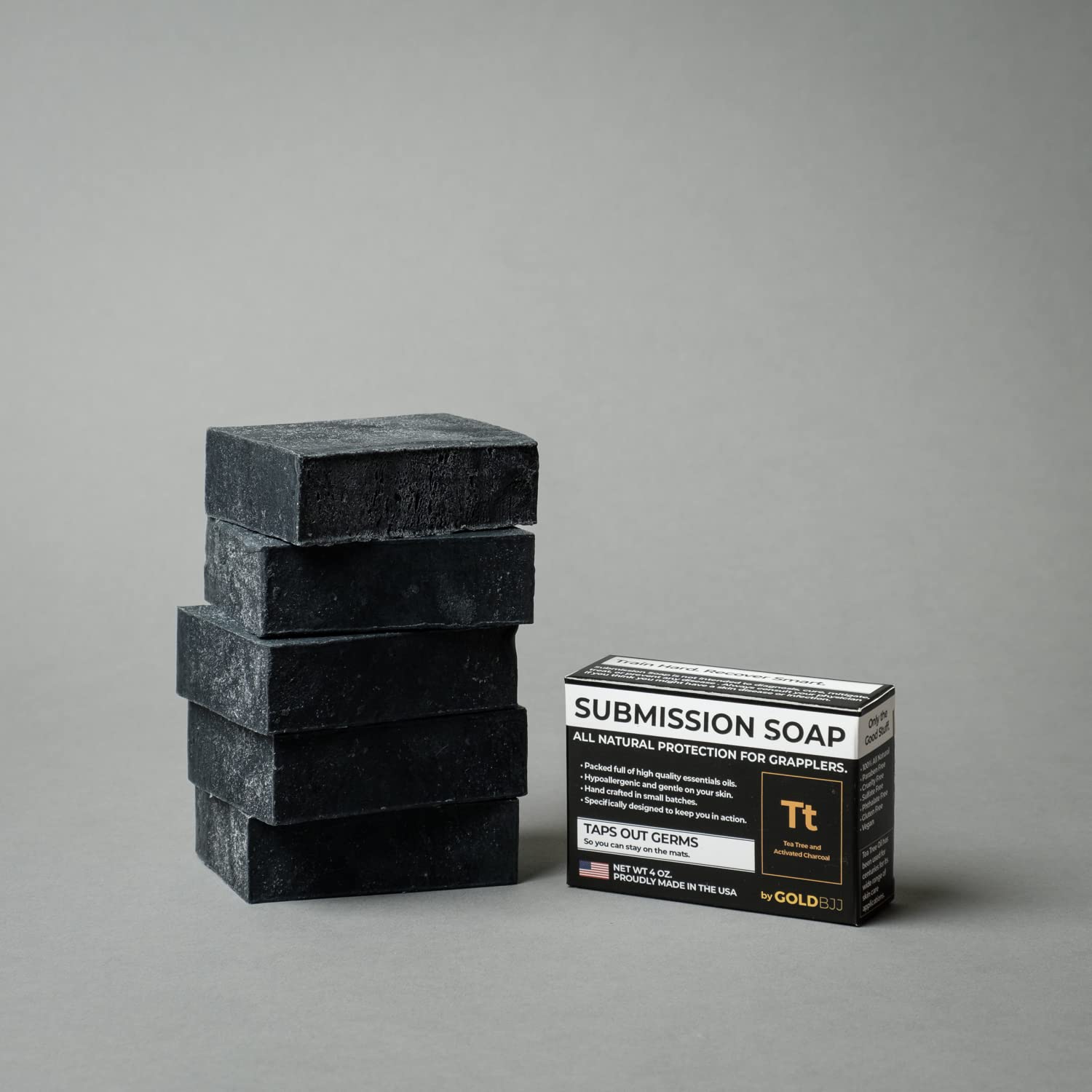 Gold BJJ soap inside gym bag ready for post-practice use
