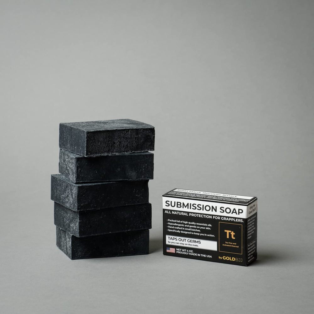 Gold BJJ soap inside gym bag ready for post-practice use