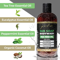 Gold BJJ label close-up highlighting tea tree and ingredients