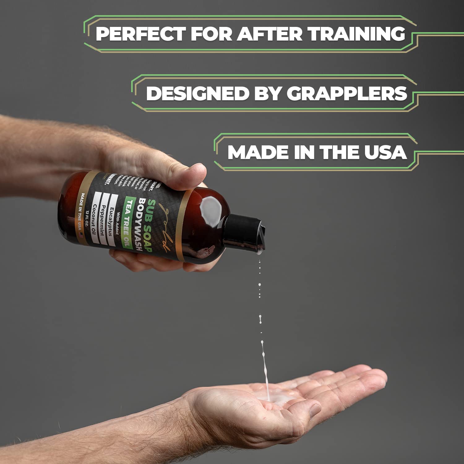 Gold BJJ bottle beside training gear showing compact travel size