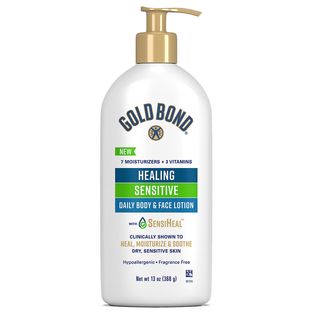 Gold Bond front pump bottle showing 13 oz packaging and gentle formulation benefit