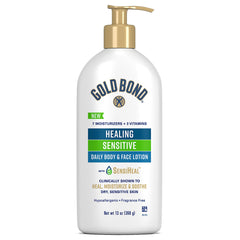 Gold Bond front pump bottle showing 13 oz packaging and gentle formulation benefit