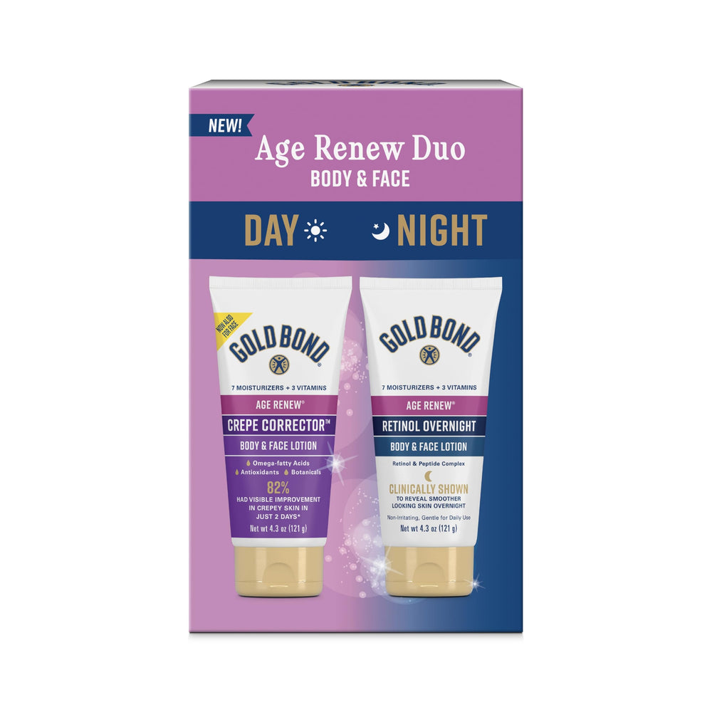 Gold Bond front packaging showing the duo and benefits for visibly smoother skin