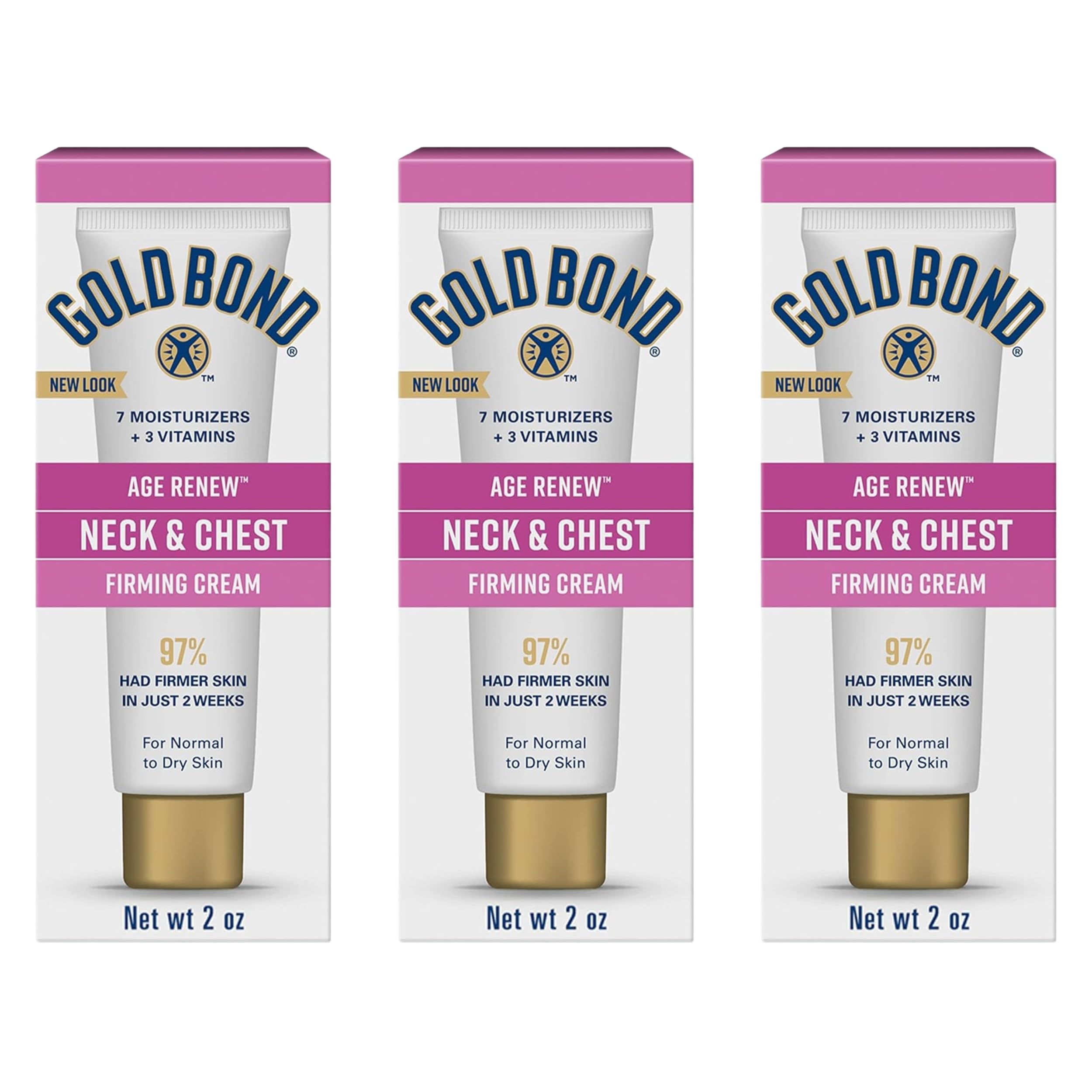 Gold Bond front packaging showing three 2 oz tubes and clear product benefits