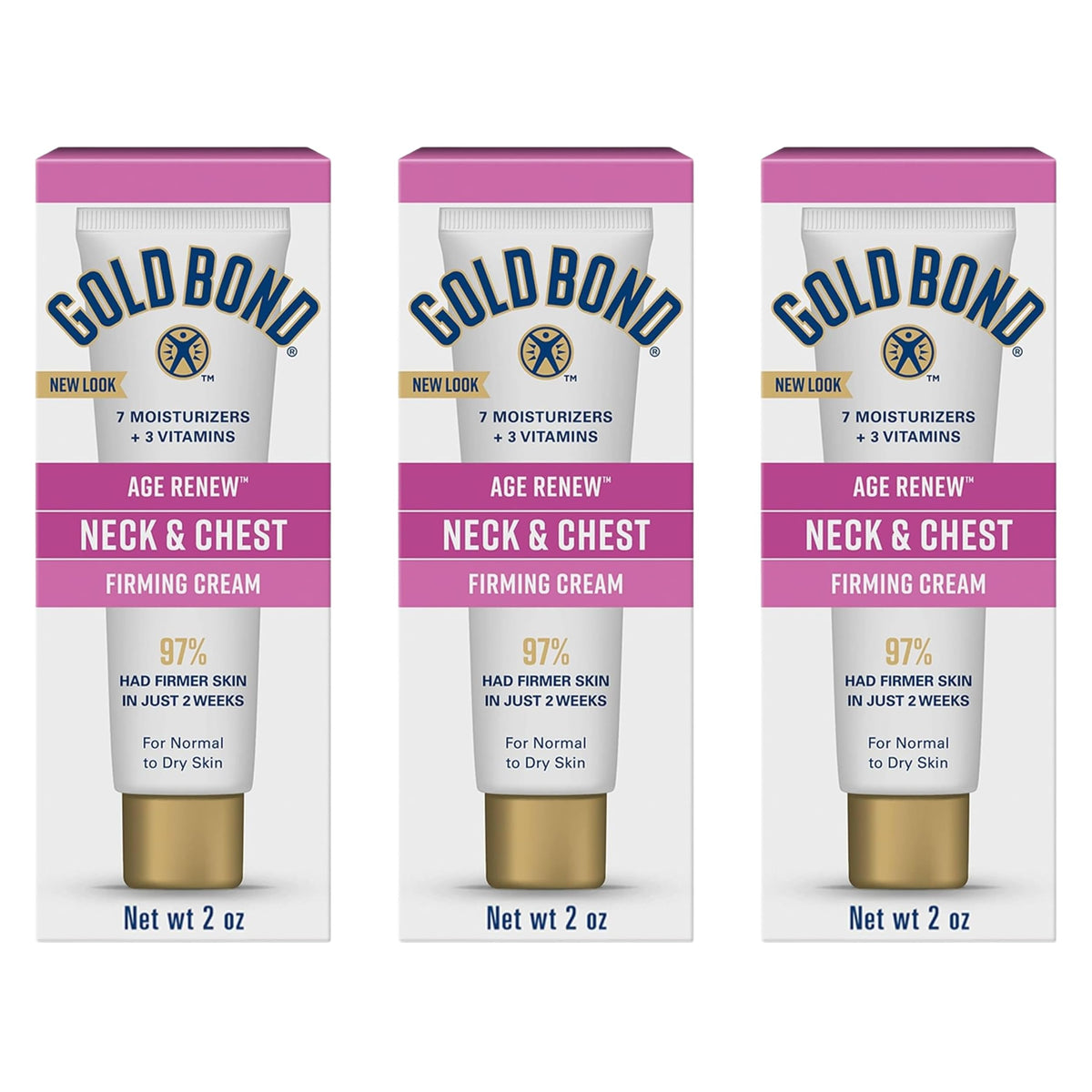 Gold Bond front packaging showing three 2 oz tubes and clear product benefits