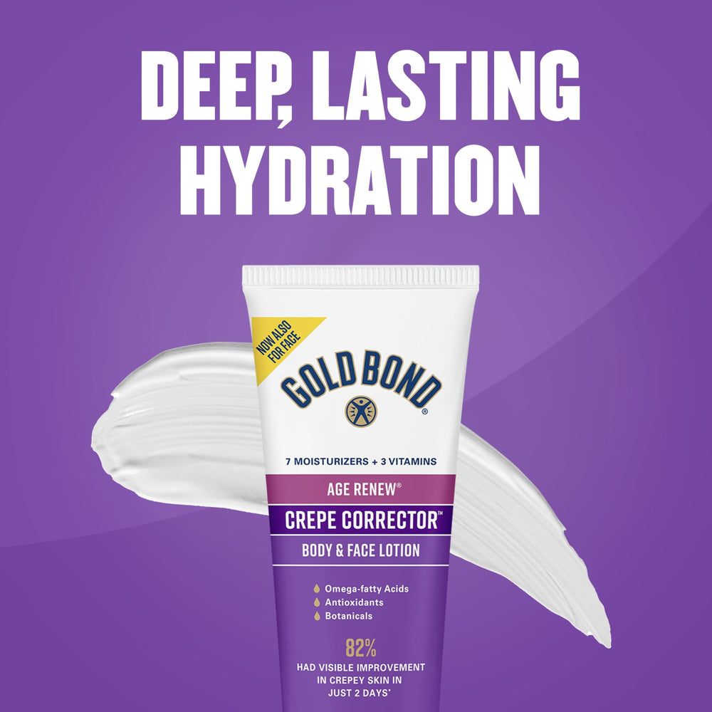 Gold Bond lotion applied to hand, demonstrating visible smoothing and hydration