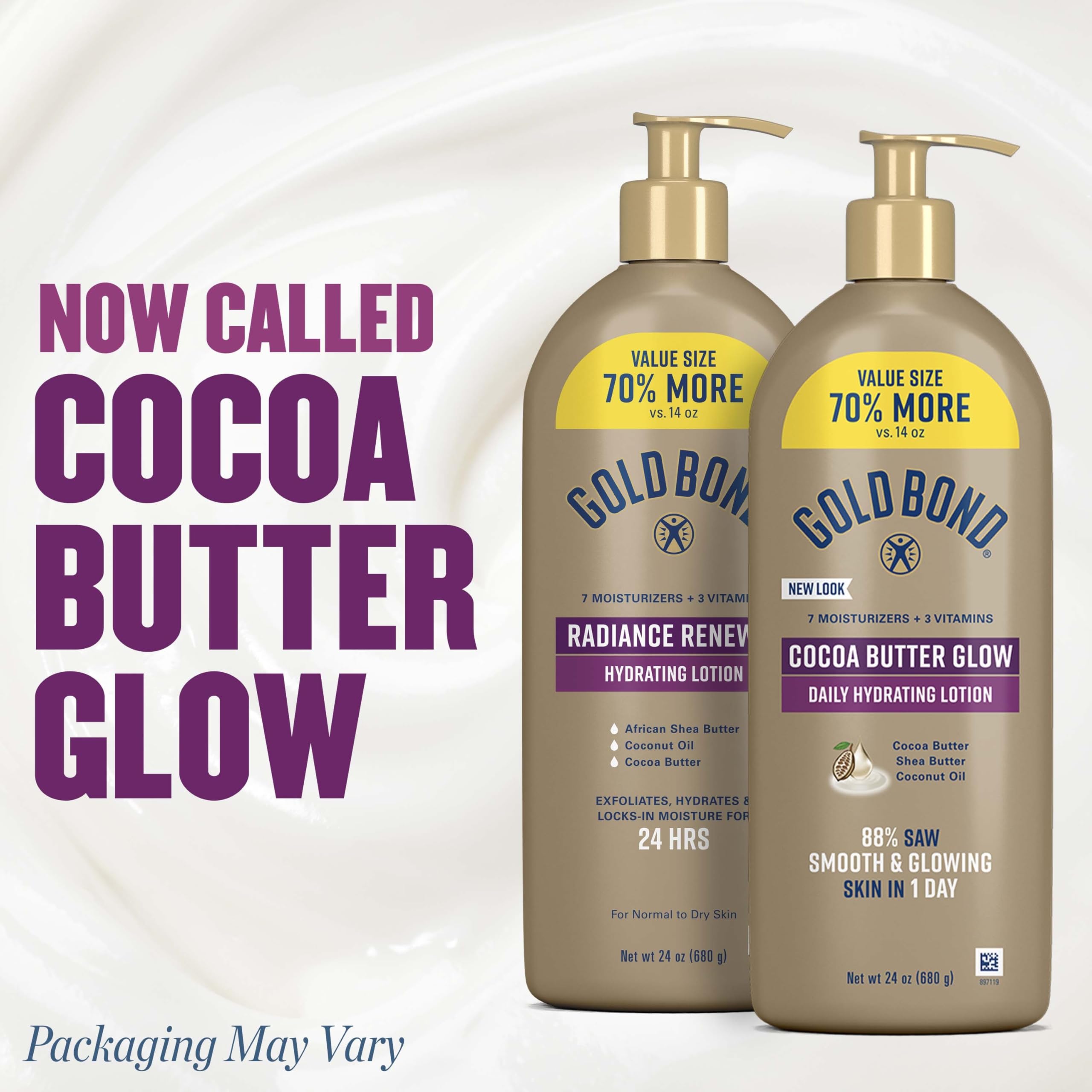Gold Bond lotion texture close-up highlighting creamy exfoliating, moisturizing feel