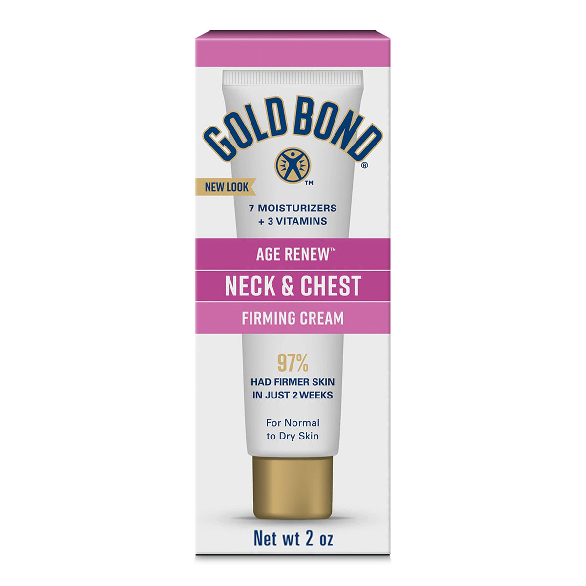 Gold Bond front packaging of neck and chest cream showing product name and 2 oz size benefits