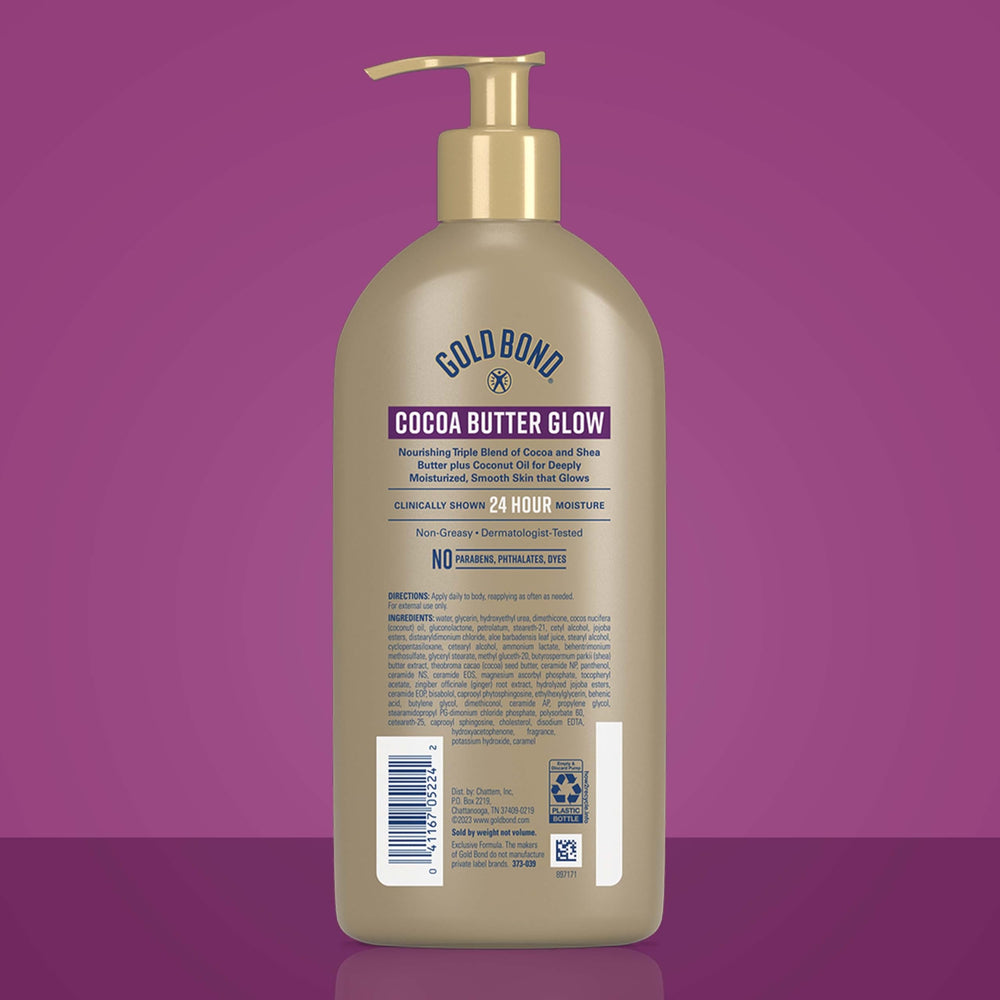 Gold Bond cocoa butter ingredient close-up highlighting nourishing glow benefit
