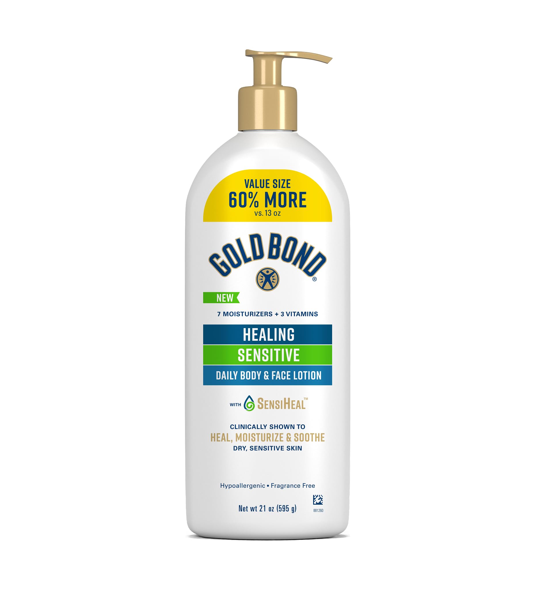 Gold Bond front pump bottle showing product identity and size benefit
