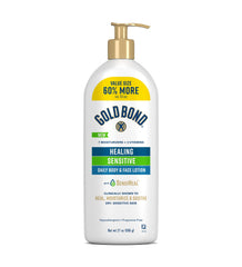 Gold Bond front pump bottle showing product identity and size benefit