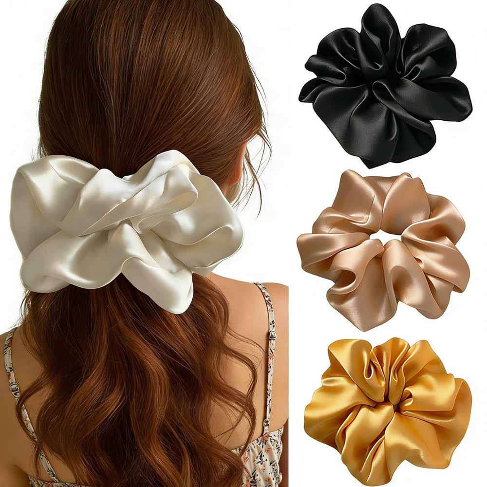 GOLD XIONG PADISHAH front packaging showing four oversized satin scrunchies, durable colors benefit