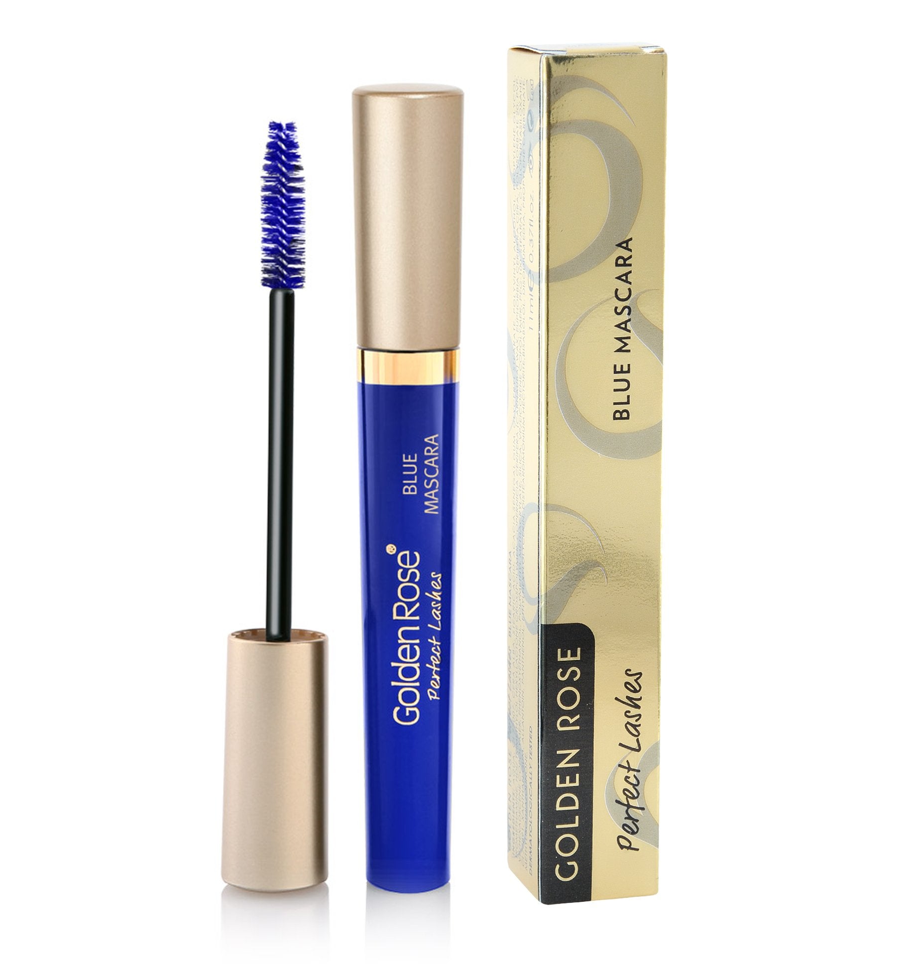 Golden Rose mascara front packaging showing blue shade and quick-dry benefit