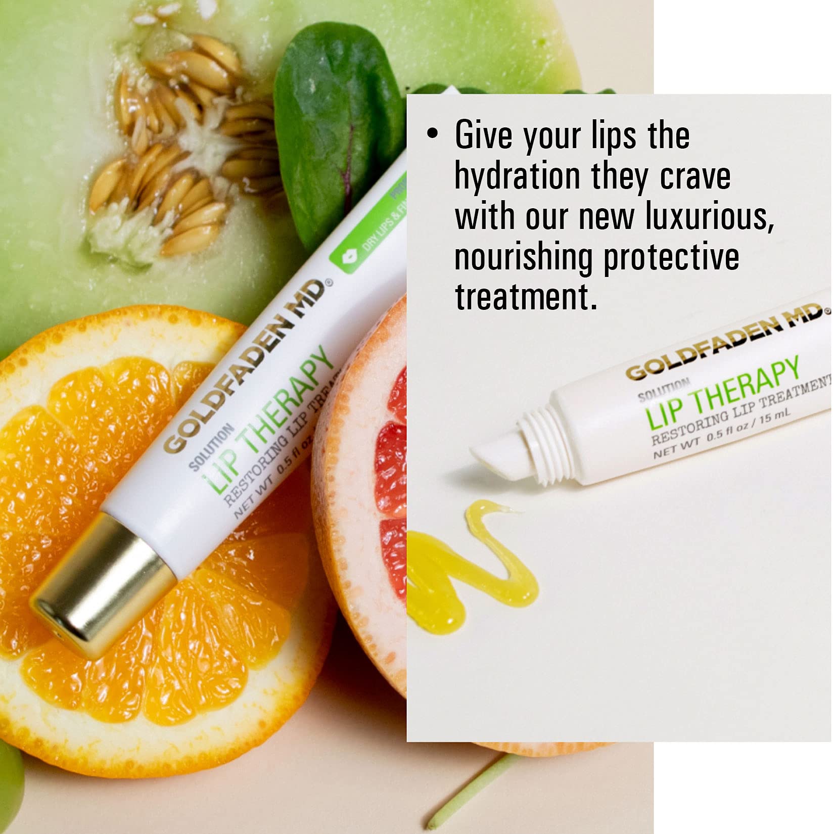 Goldfaden MD applied on lips demonstrating smoother, hydrated appearance
