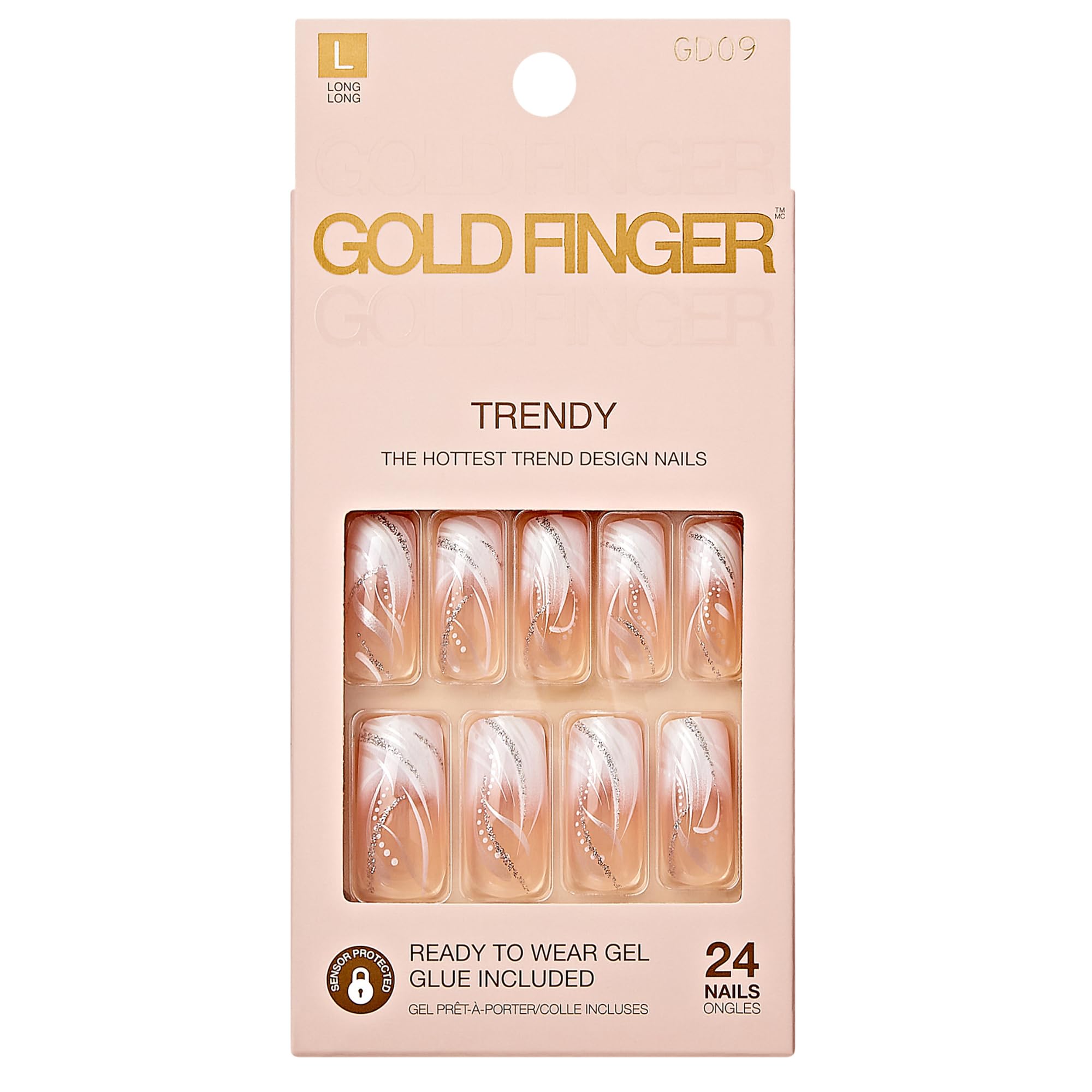Goldfinger front packaging showing white French press-on nails and benefit quick salon look