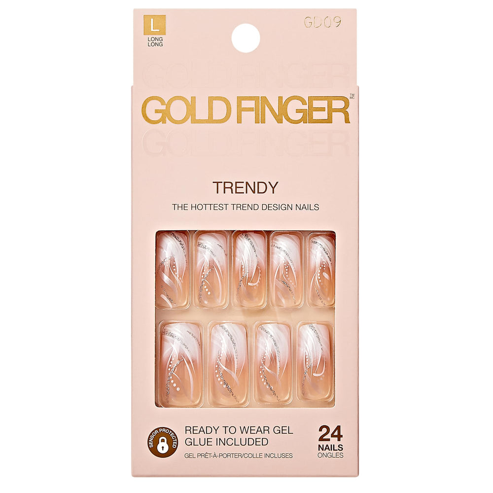 Goldfinger front packaging showing white French press-on nails and benefit quick salon look