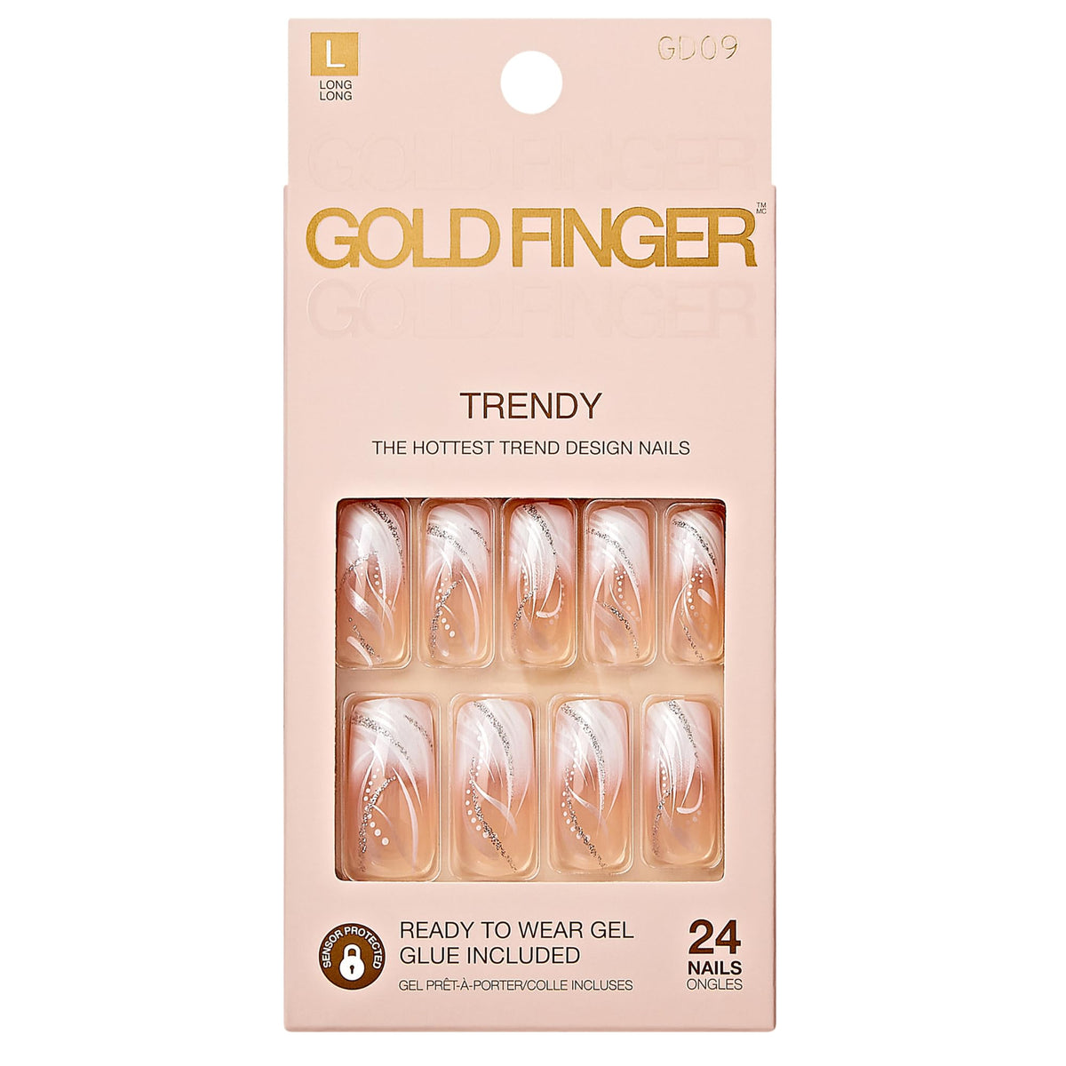 Goldfinger front packaging showing white French press-on nails and benefit quick salon look