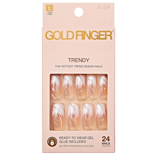 Goldfinger front packaging showing white French press-on nails and benefit quick salon look