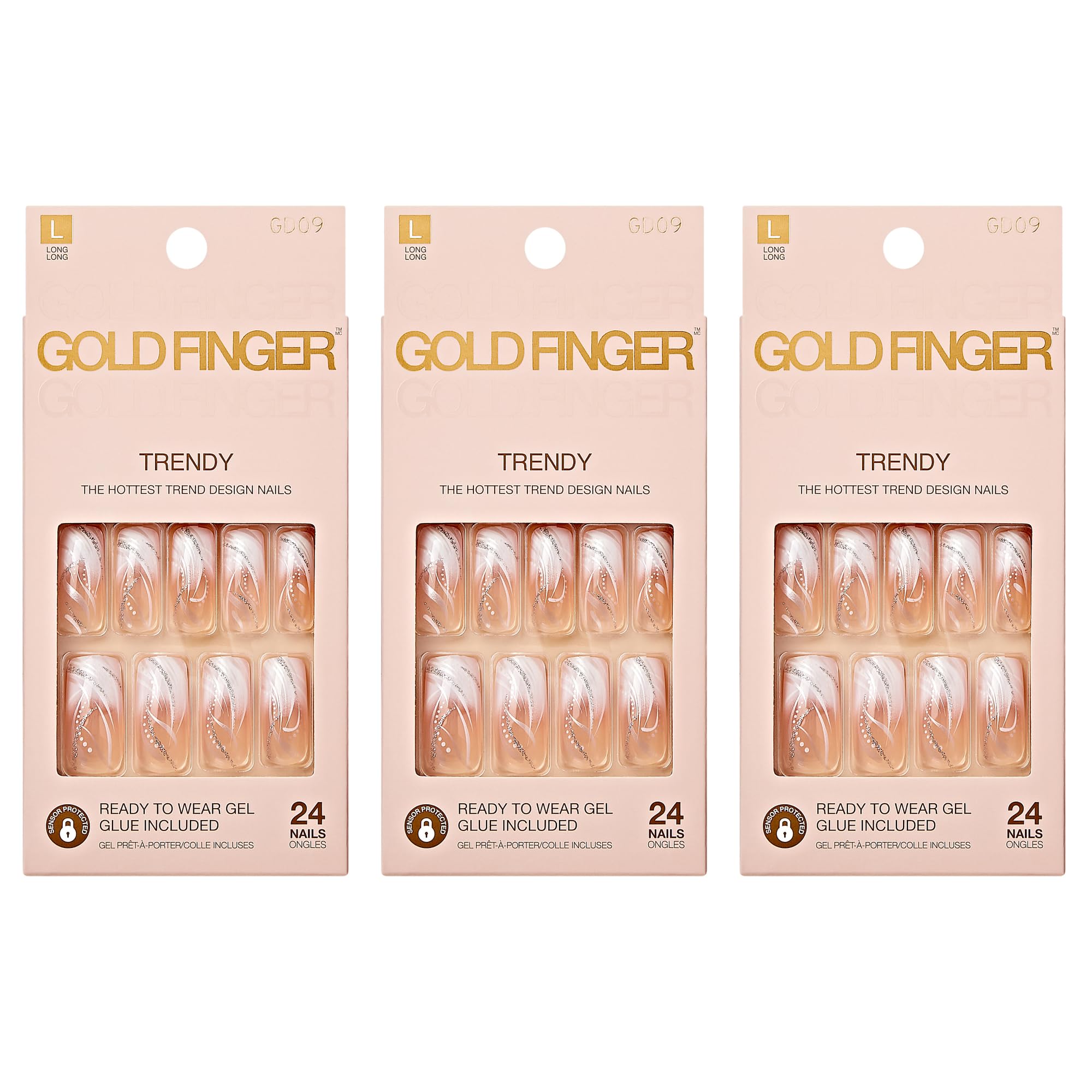 Goldfinger front packaging showing three glossy press-on nail packs and included glue for convenience