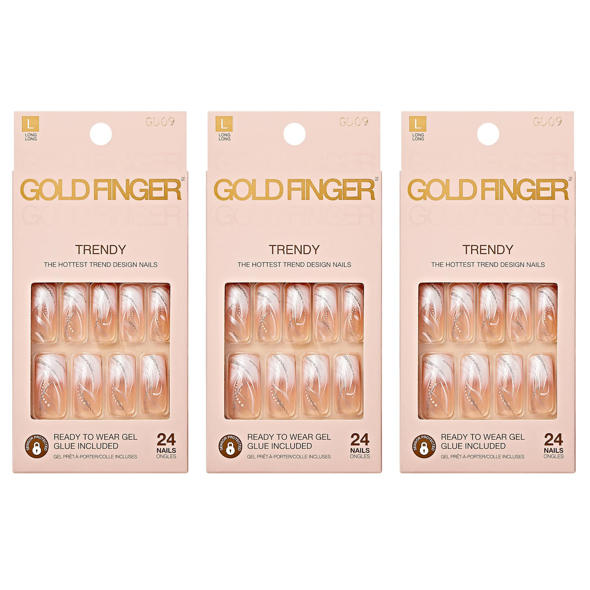 Goldfinger front packaging showing three glossy press-on nail packs and included glue for convenience
