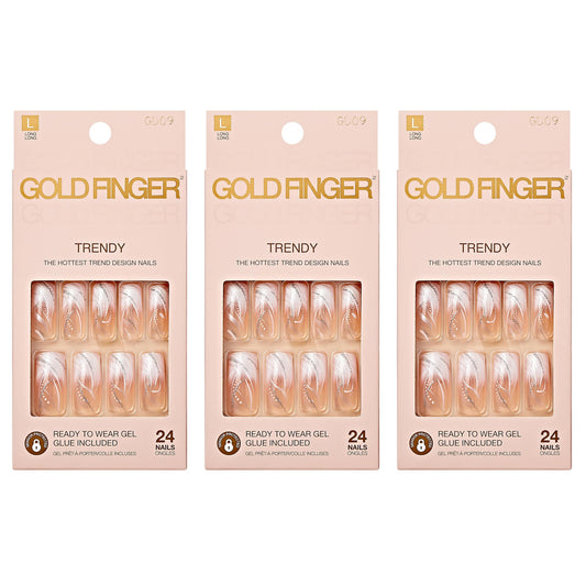 Goldfinger front packaging showing three glossy press-on nail packs and included glue for convenience