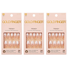 Goldfinger front packaging showing three glossy press-on nail packs and included glue for convenience