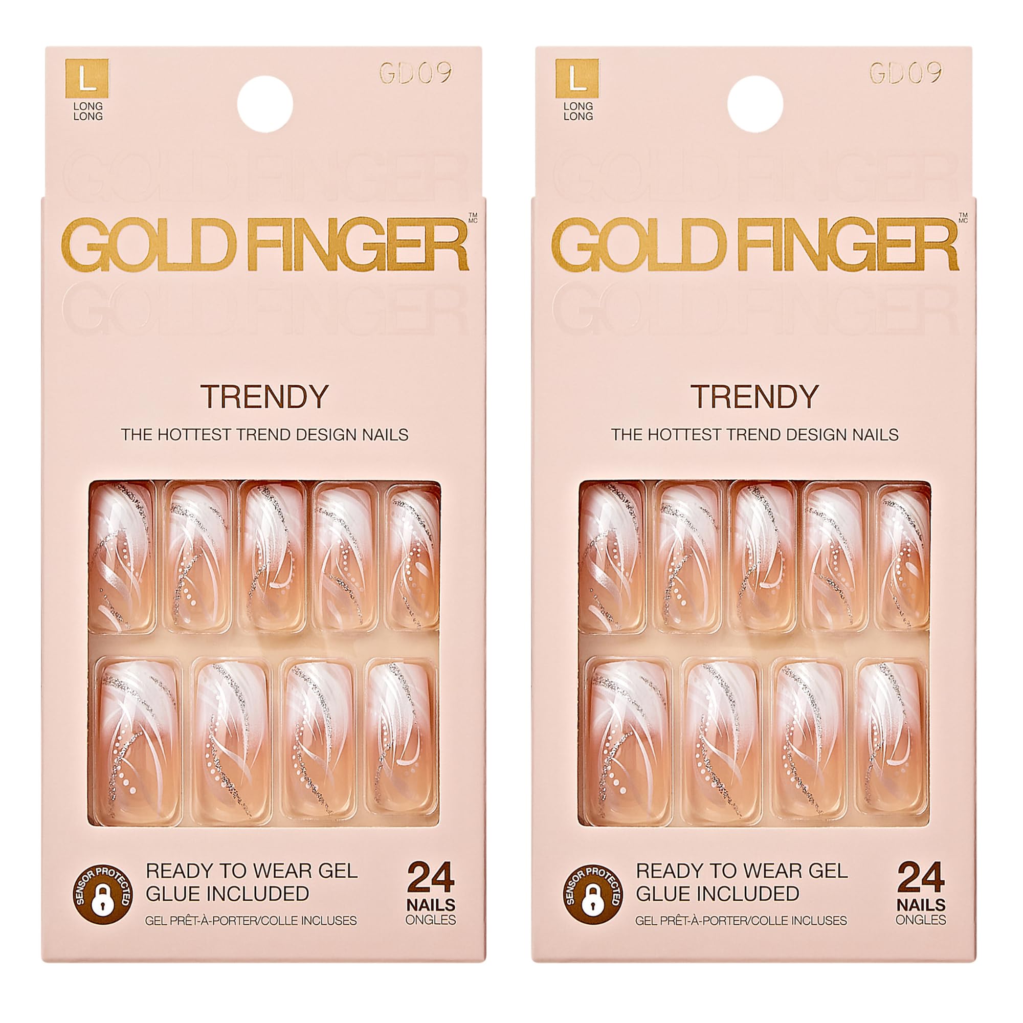 Goldfinger front packaging showing two full-cover long nails and glossy finish benefit