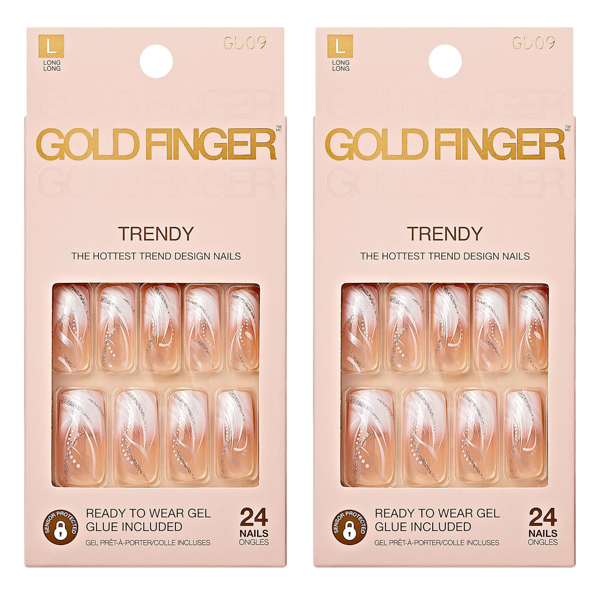 Goldfinger front packaging showing two full-cover long nails and glossy finish benefit