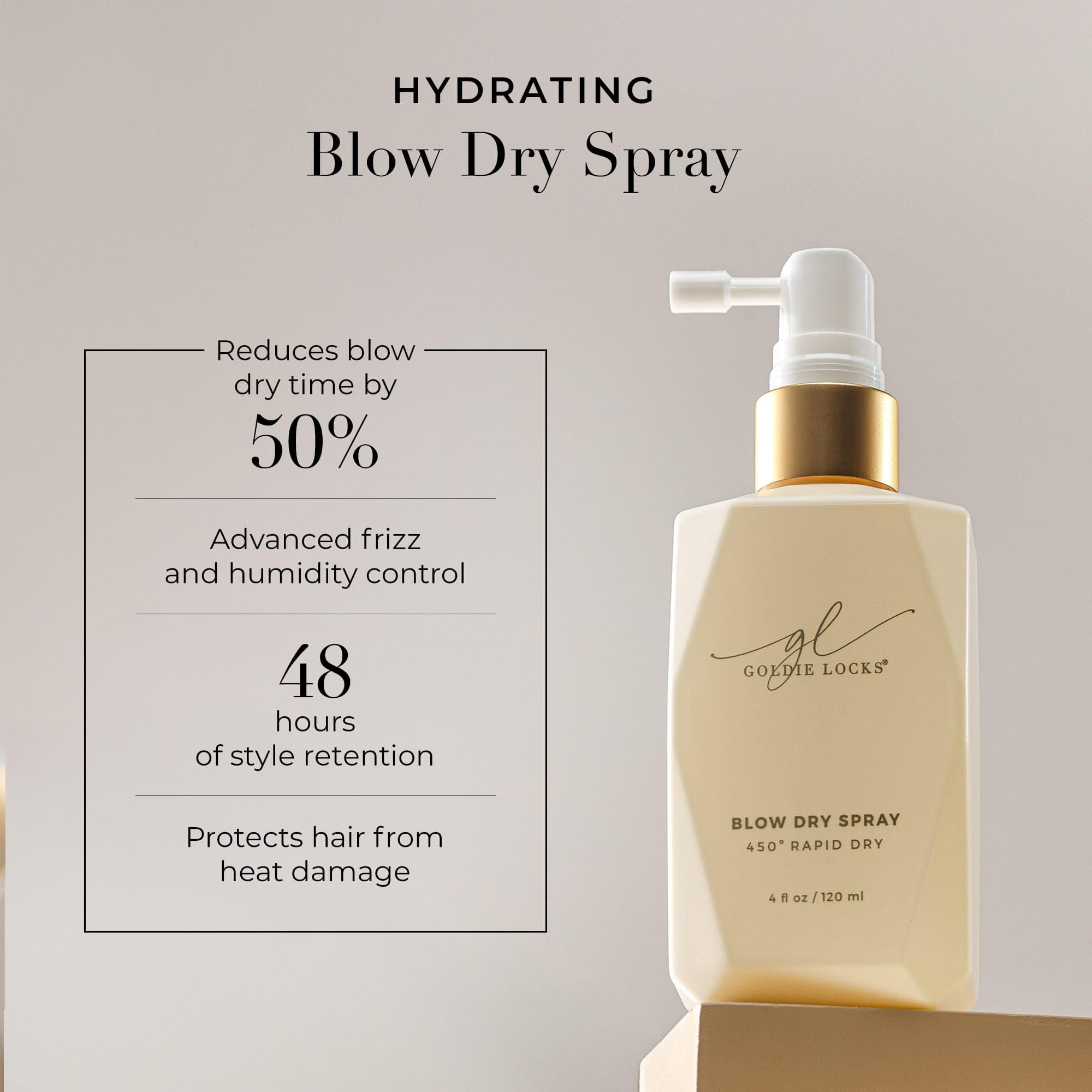 Goldie Locks close-up nozzle spraying fine mist, ensures even heat protection