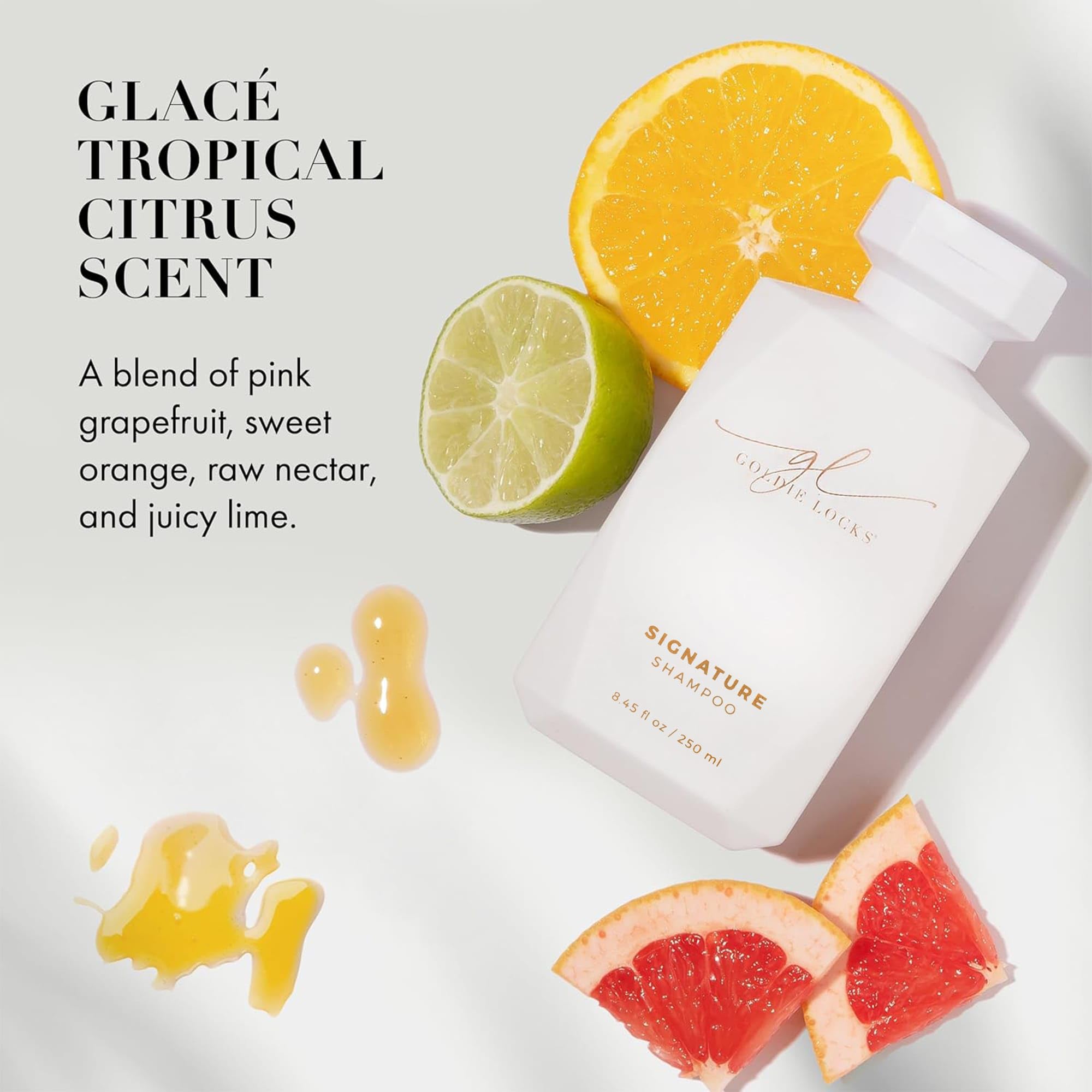 Goldie Locks marula oil and white truffle visual highlighting shine-enhancing ingredient benefits