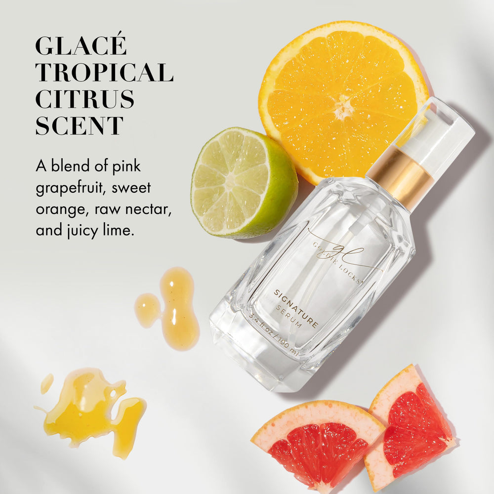 Goldie Locks serum smoothed onto dry hair refreshing shine and taming frizz