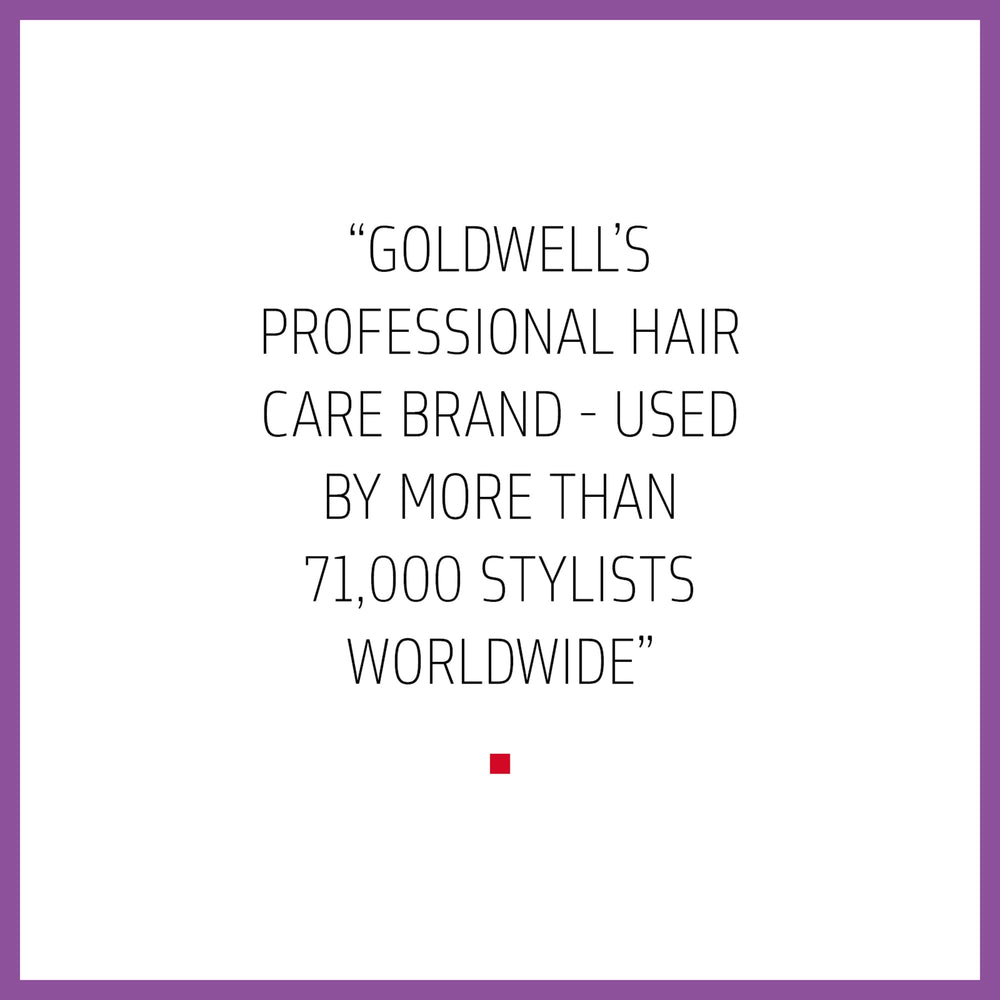 Goldwell bottle beside blonde hair swatches showing brass-neutralizing effect