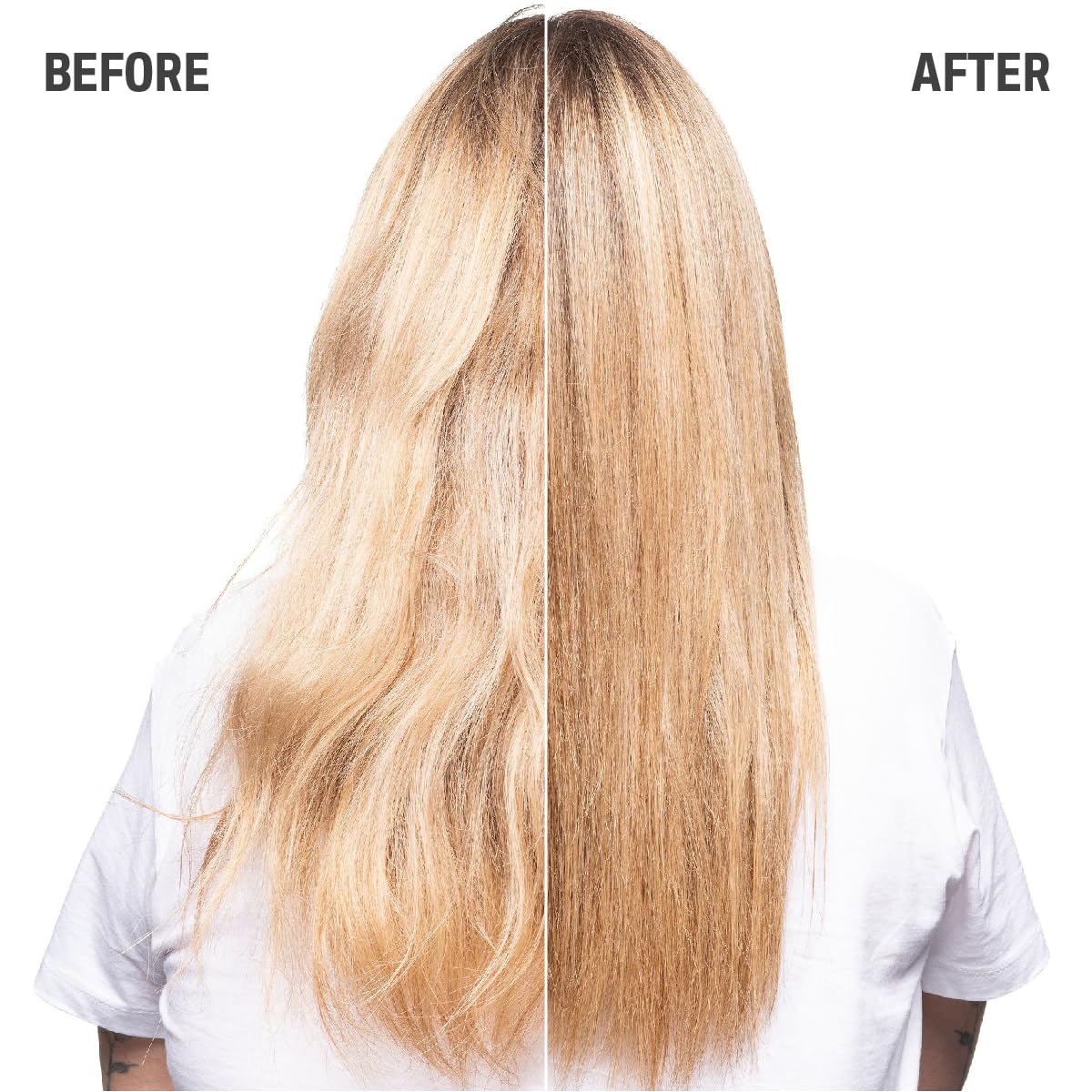 Goldwell before and after damaged hair showing restored shine