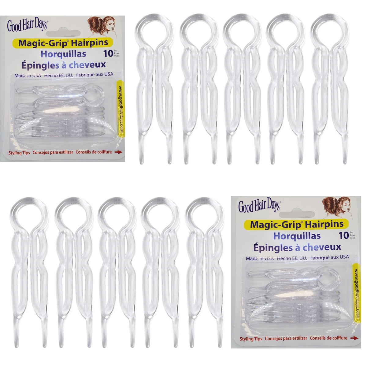 Good Hair Days front packaging of crystal 2.5-inch pins showing pack benefits and quantity