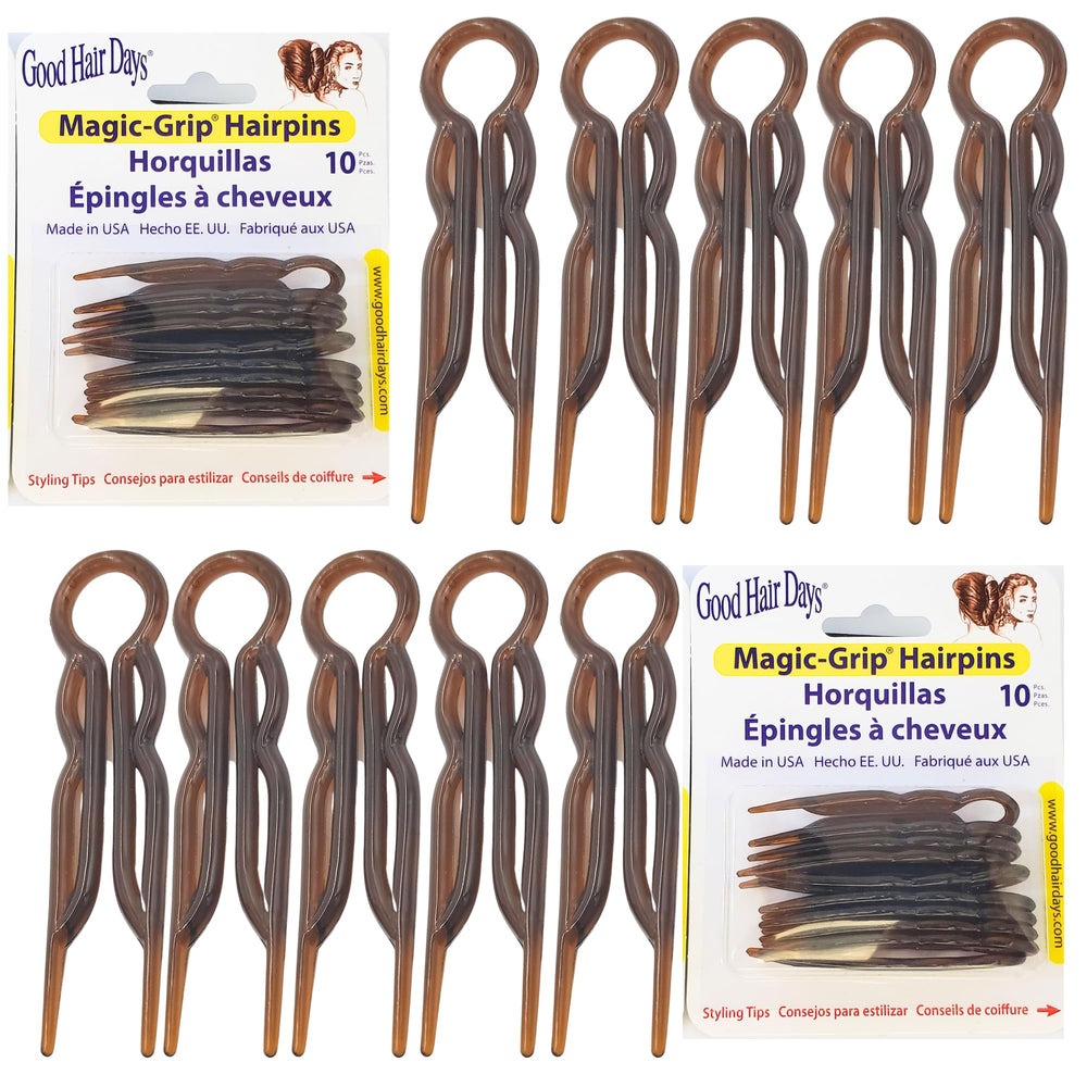 Good Hair Days front packaging tortoise shell showing pack of 20 pins and benefit of organized storage