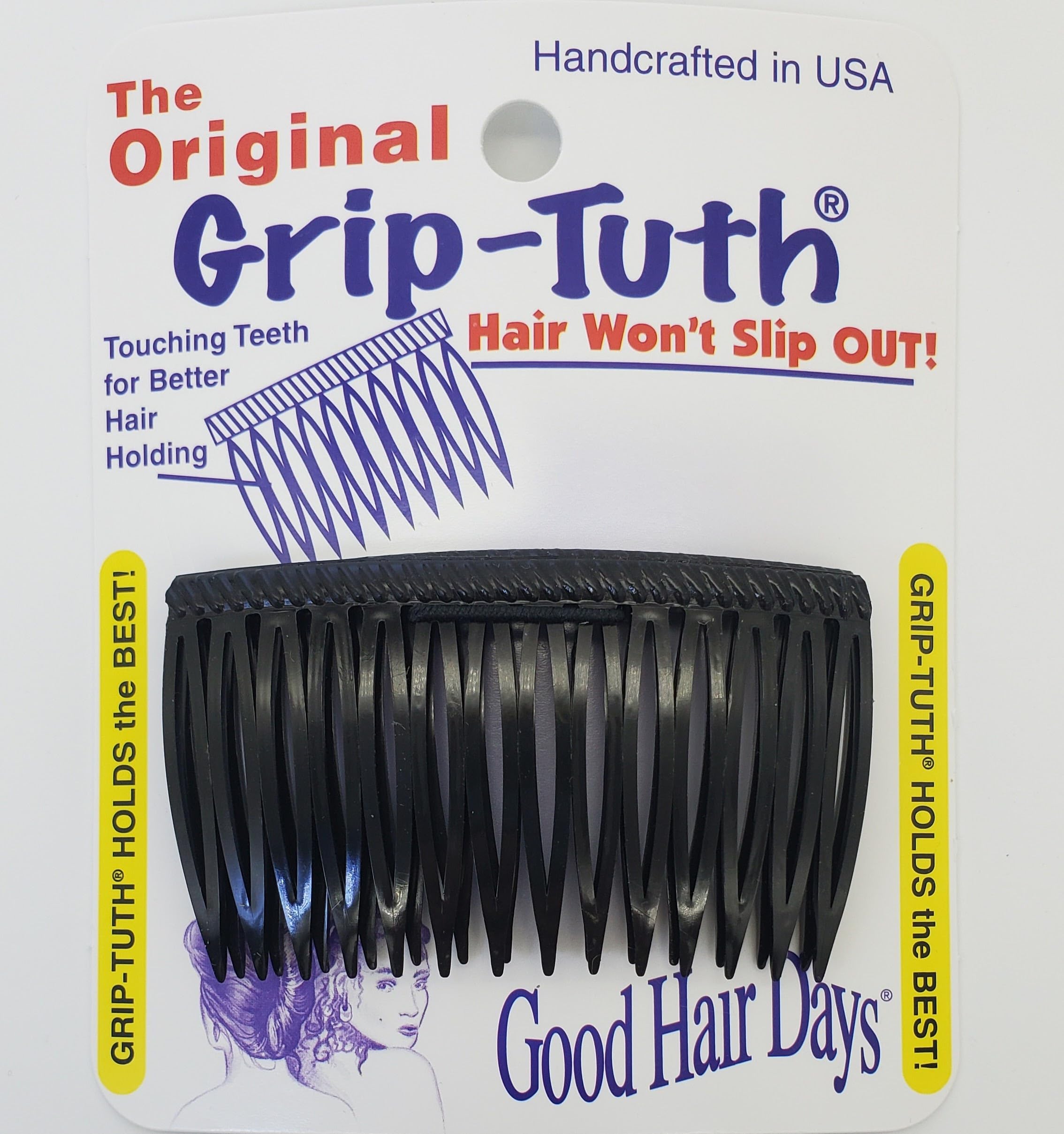 Good Hair Days front view of black side comb shows sleek shape and reliable hold