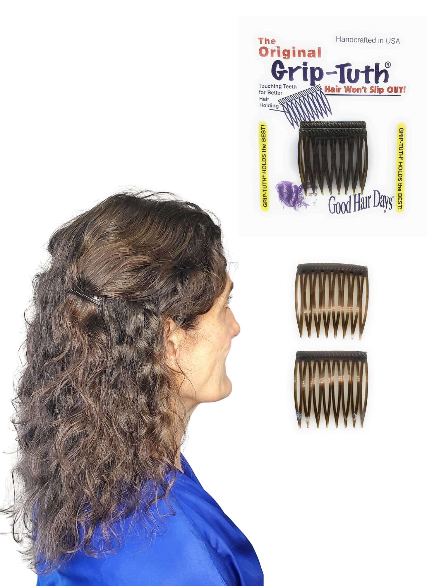 Good Hair Days front view showing tortoiseshell finish and compact design benefit
