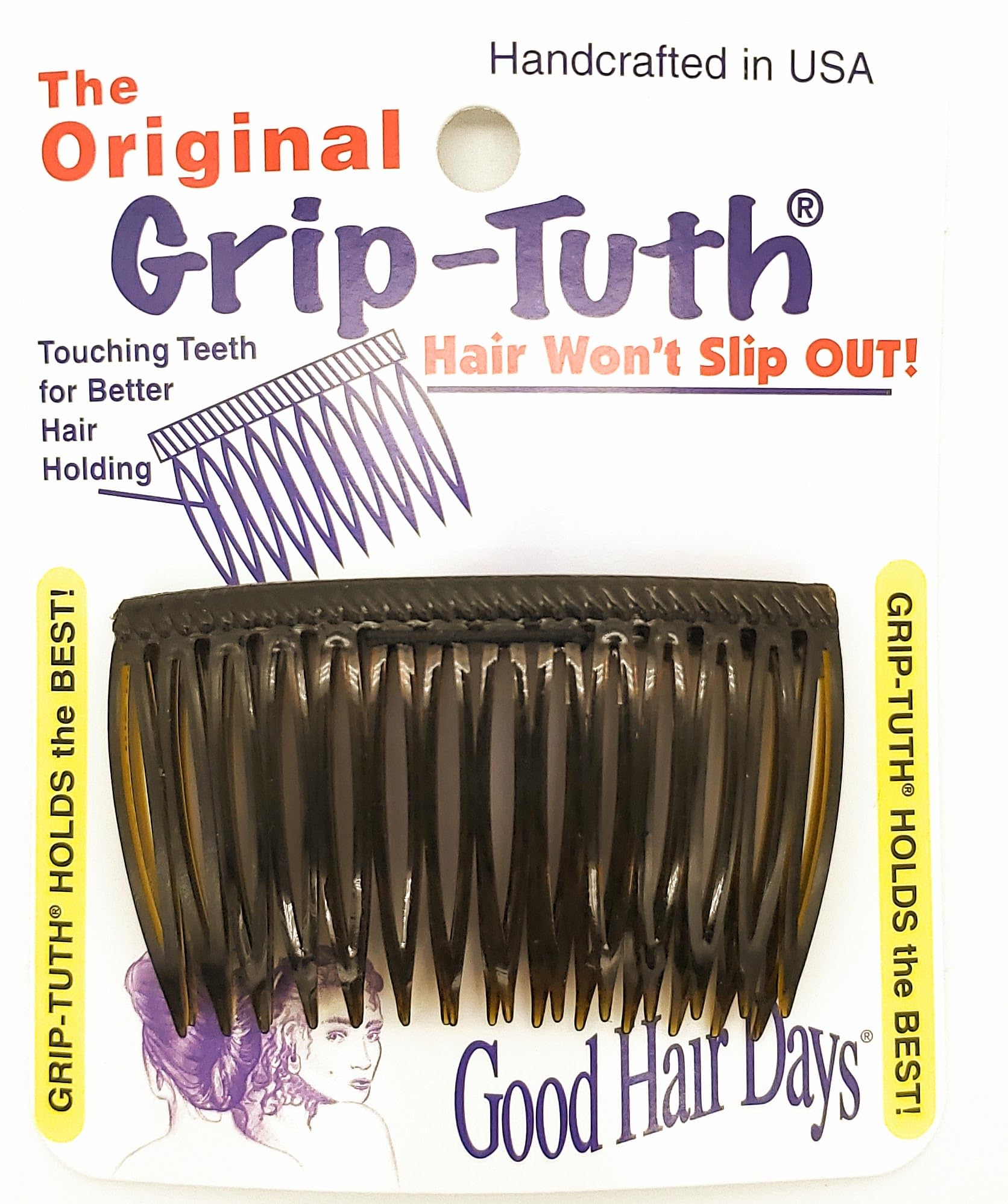 Good Hair Days front view of two tortoise shell grip-tuth combs showing shape and width