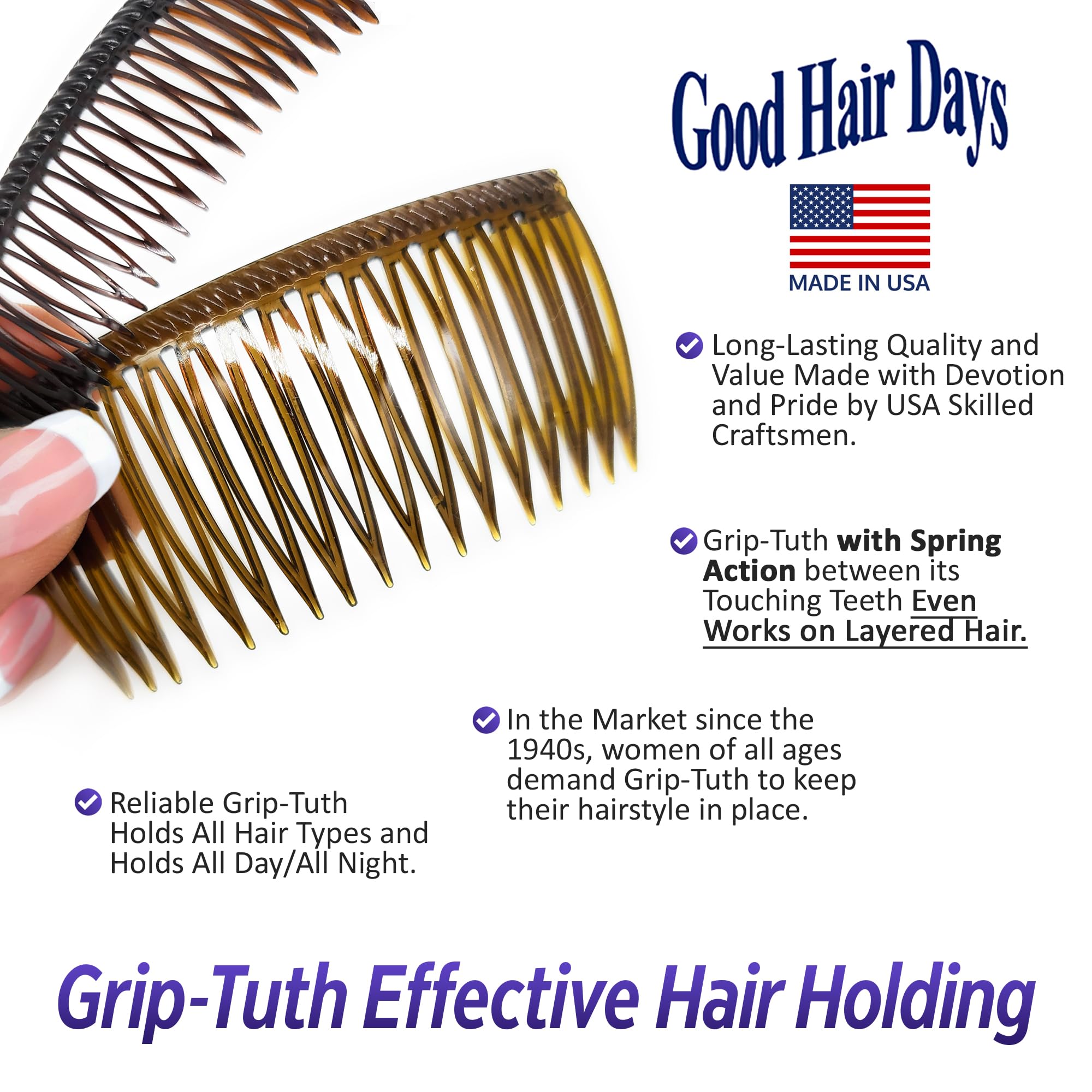 Good Hair Days Grip-Tuth combs in hand for size comparison showing easy portability