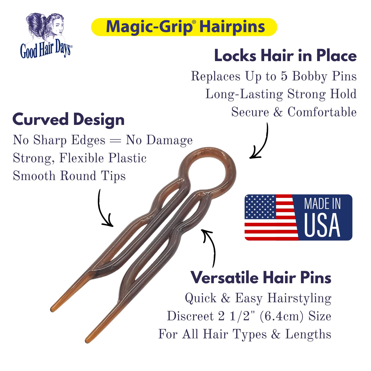 Good Hair Days pins used in an updo demonstrating invisible secure hold
