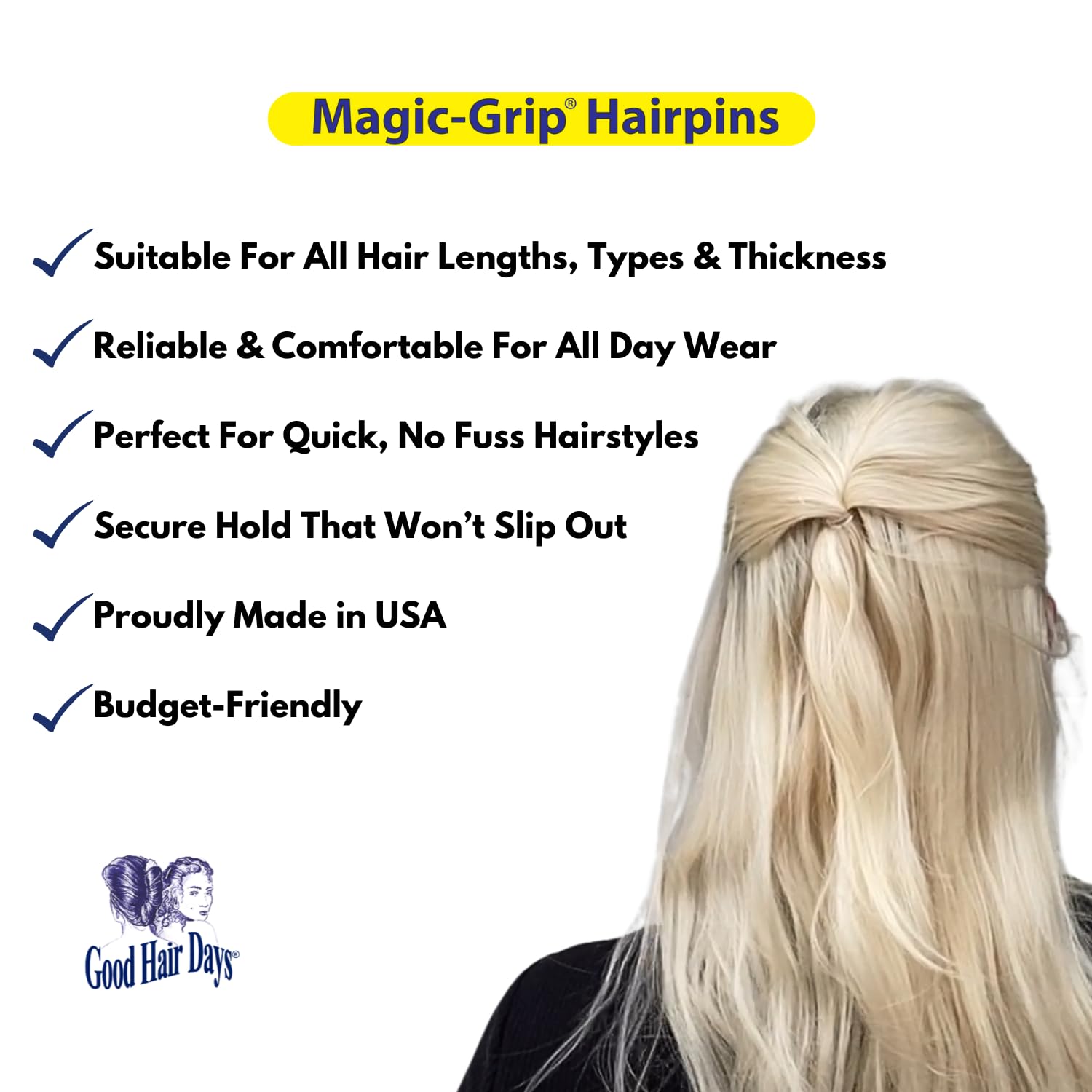 Good Hair Days single pin beside coin showing 2.5-inch scale and versatility