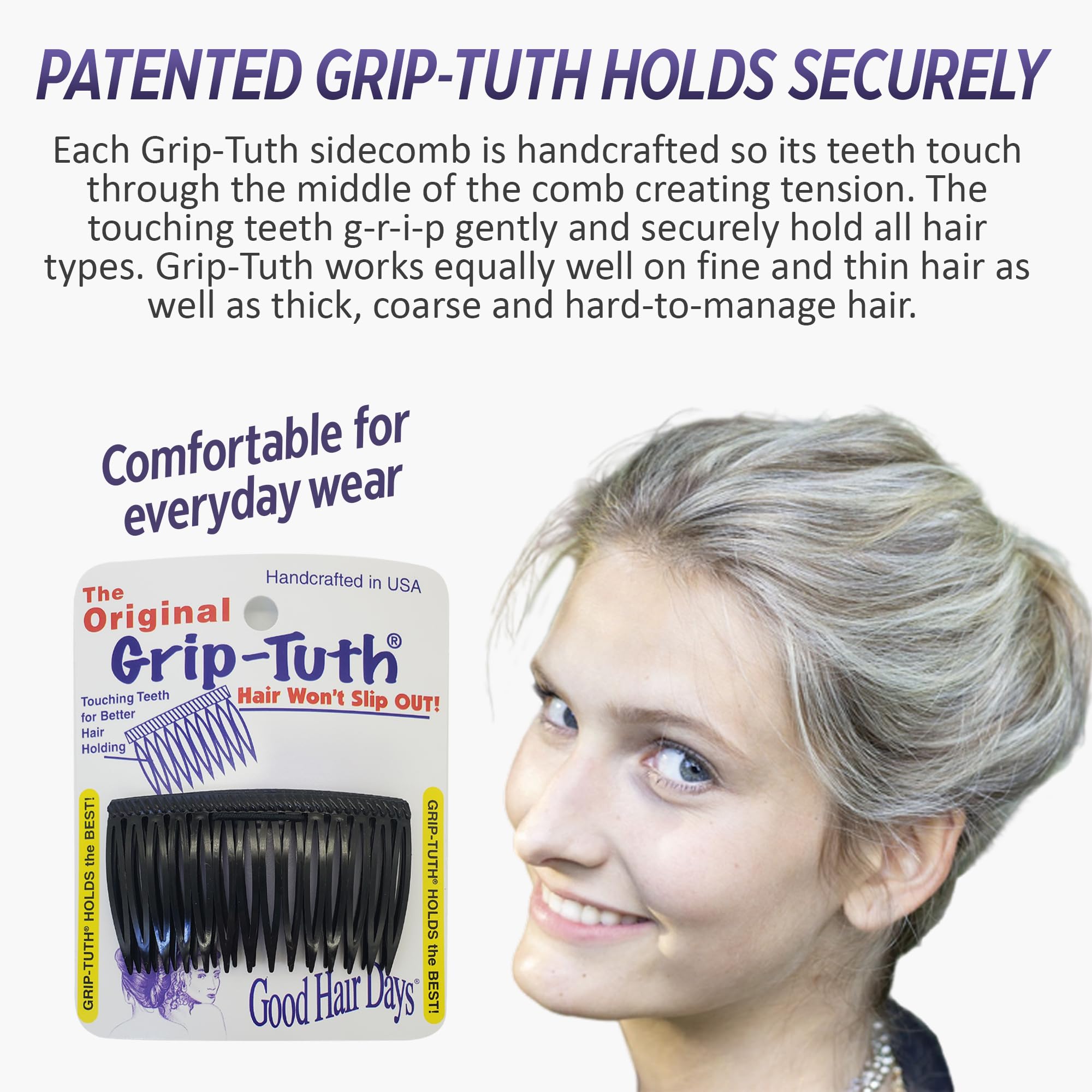 Good Hair Days close-up of comb teeth highlighting grip and gentle hold