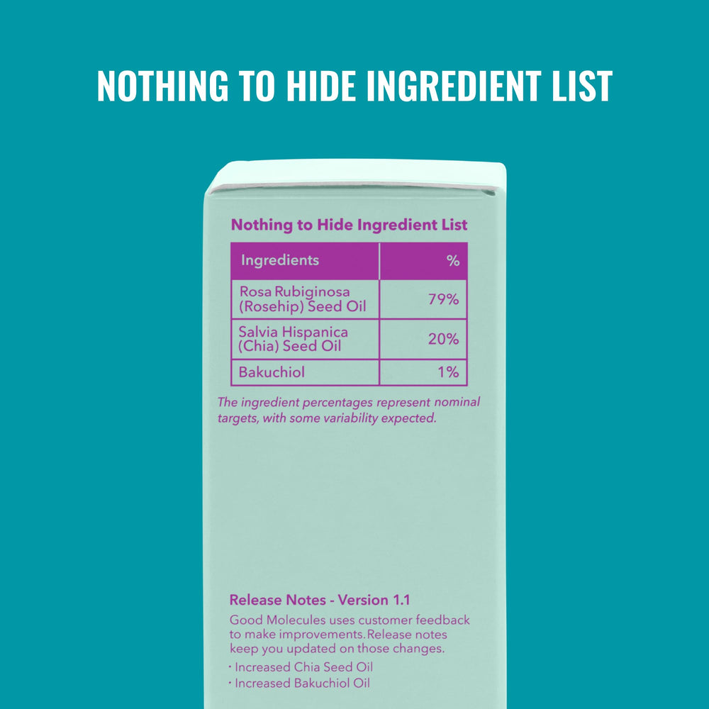 Good Molecules rosehip and chia seeds beside bottle highlighting natural ingredients