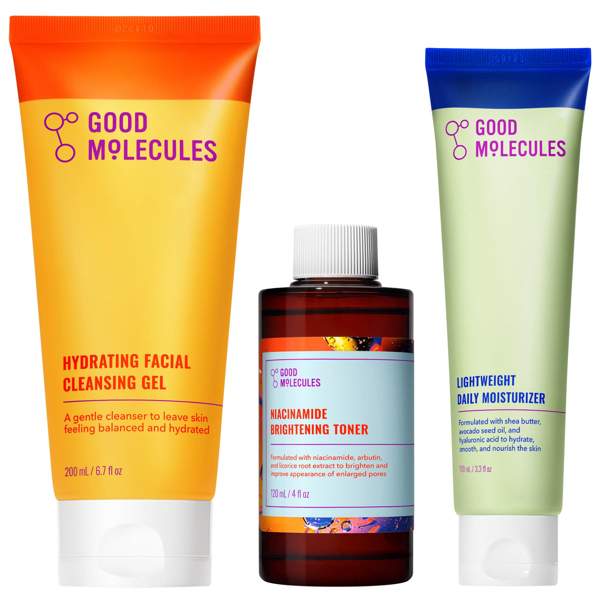 Good Molecules front packaging showing full cleanse, tone, moisturize set benefits