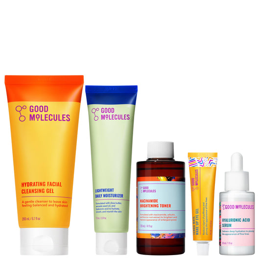 Good Molecules front packaging showing full five-piece set and simple routine benefits