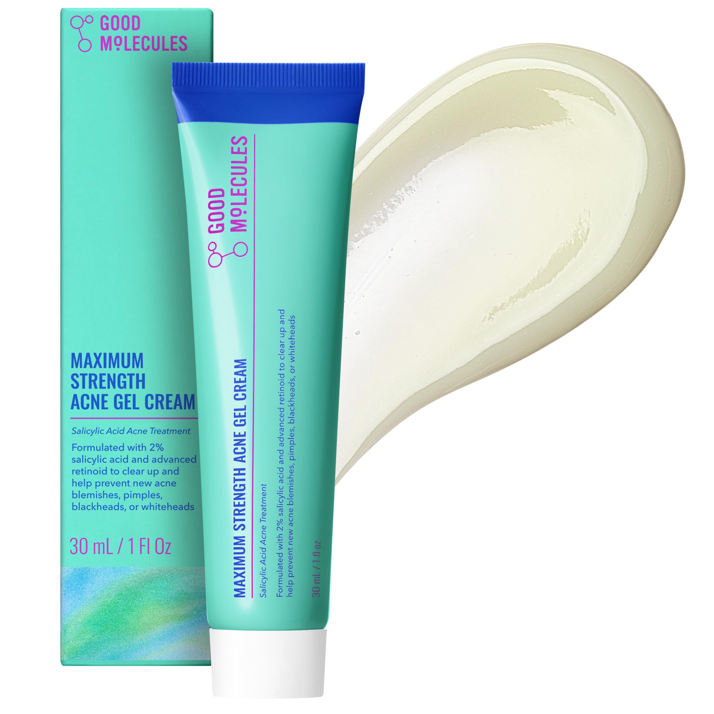 Good Molecules front tube showing brand and clear acne treatment benefits